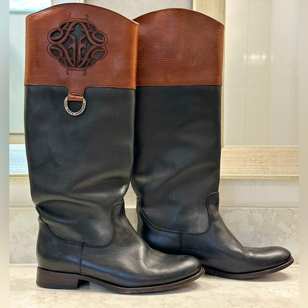 Frye Melissa Logo Monogrammed Black Brown Leather Knee High Boots